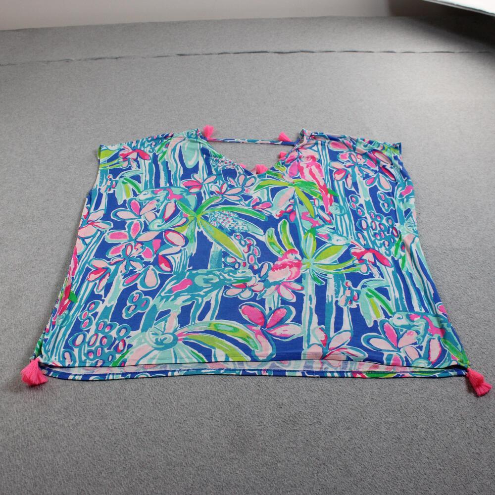 Lilly Pulitzer Shirt Women S/M Blue Tassel V Neck Tunic Tropical Boho Lagenlook